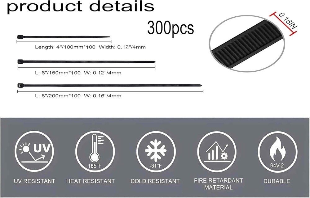300PCS Nylon Cable Ties Assorted 4-8", LANGTSA