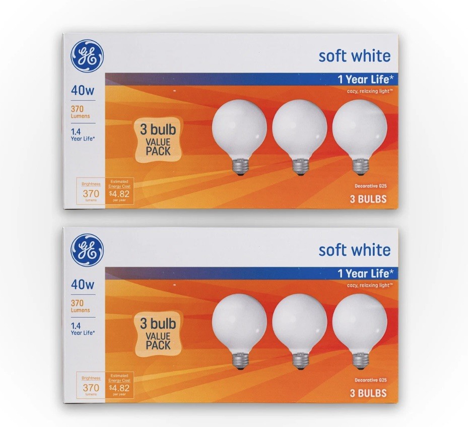 6 GE 40W Opaque White G25 Globe Lights w/Standard Medium Base