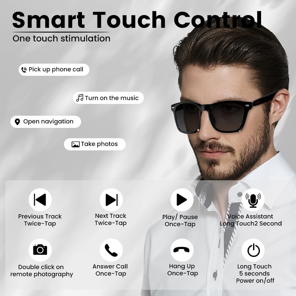 Smart Bluetooth Glasses, Touch Control, UV Protection, Voice Control for All