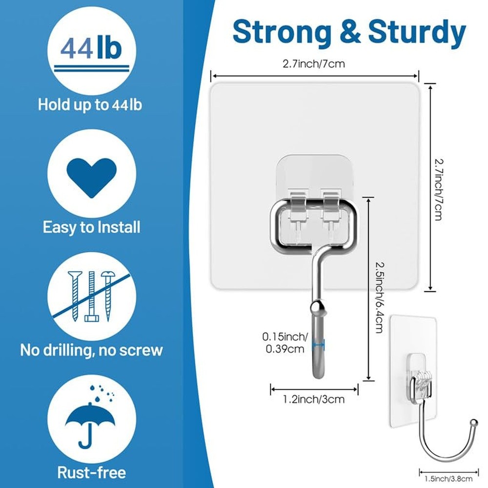 Adhesive Hooks Heavy Duty 44lb(max), Rustproof Adhesive Hooks for Hanging Bag...