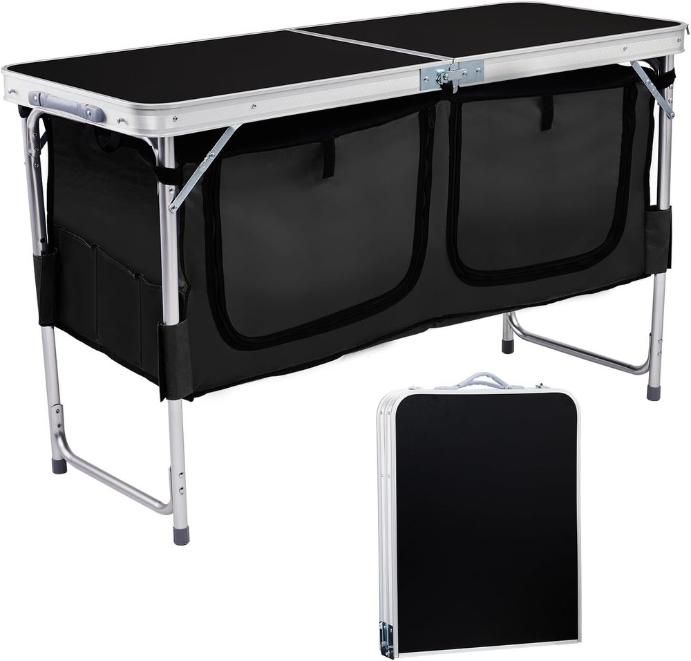Folding Table, 4FT Aluminum Camping Table Large Storage Space Adjustable Height
