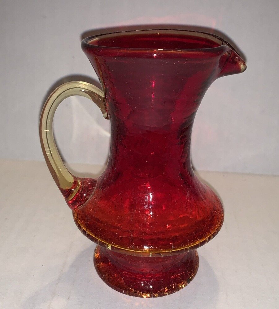 Vintage Amberina Crackle Creamer Small Pitcher Applied Handle - Glows