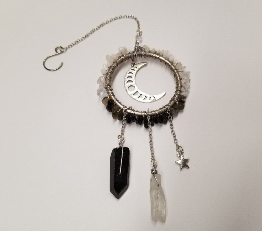 "Moon Phases" Quartz, Moonstone, Opalite, Labradorite, & Obsidian Dreamcatcher