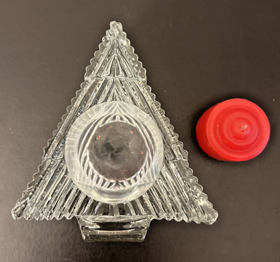 Leaded Glass 4.5" Holiday Triangular Candle Holder ~ Tree Pattern w/Red Candle