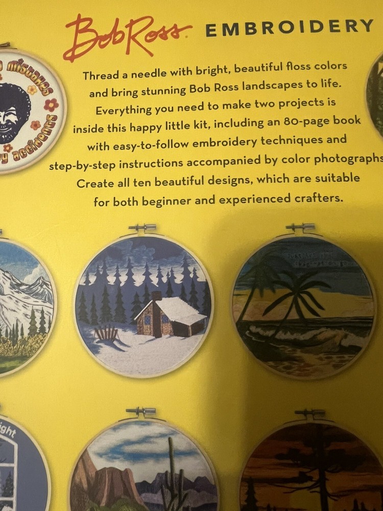 Bob Ross Embroidery Kit includes everything for 2 projects 10 designs