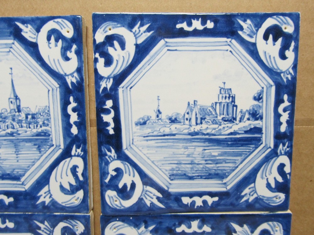 Four Delft Style Blue Handpainted Accent Tiles. Willi Geck