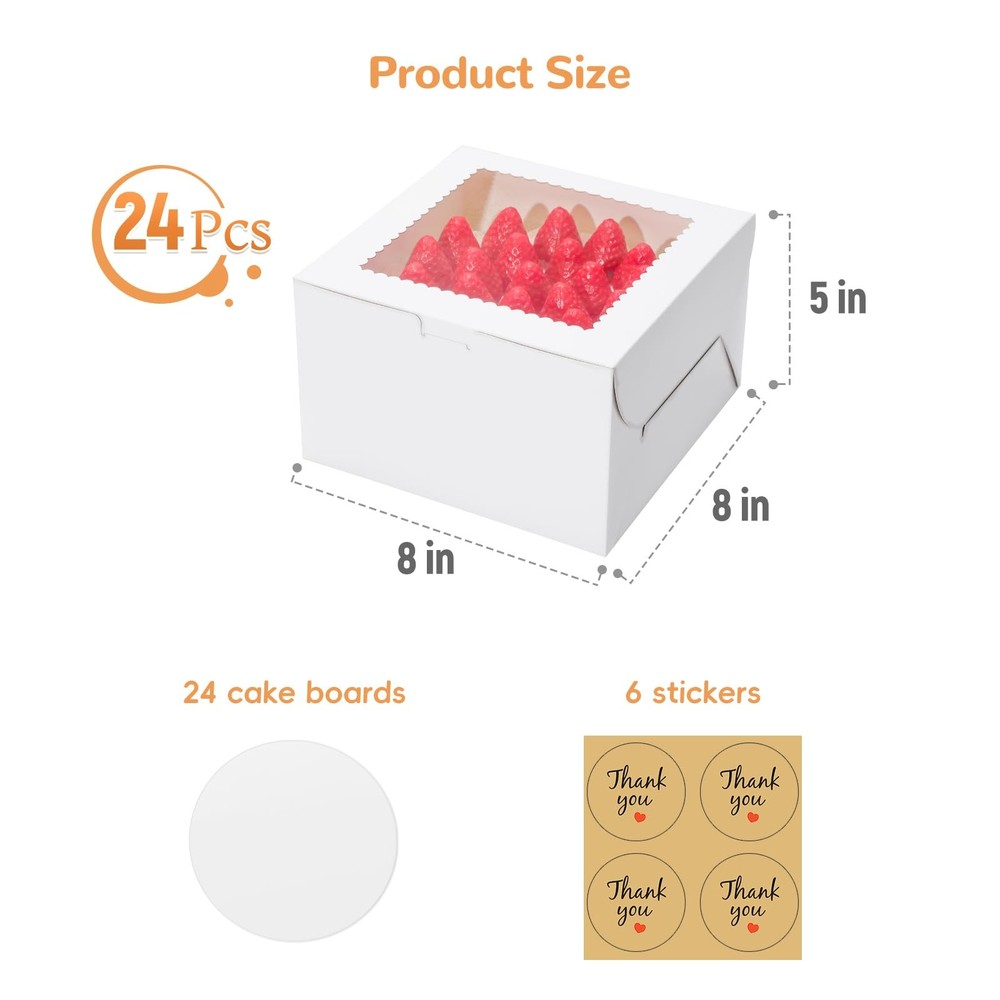 Small Cake Boxes 8 Inch with Window, 24 Set Bakery Boxes with Cake Boards & S...