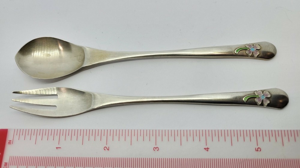 KOREAN 800 SILVER FORK & SPOON w/ ENAMEL Lucky Clover Leaf