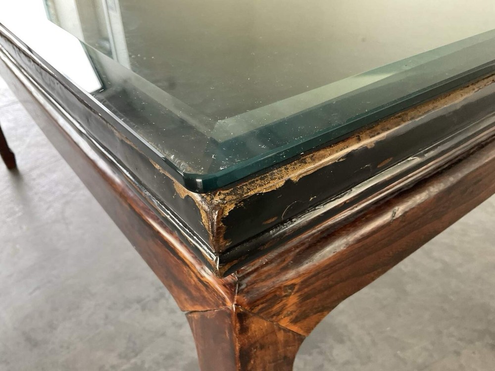 Antique Wood Dinning Table With Beveled Glass Tabletop