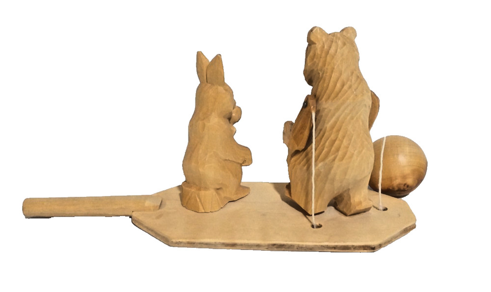 Vintage - Hand Carved Wood Toy - Pull String Action - Rabbit & Bear Making Music