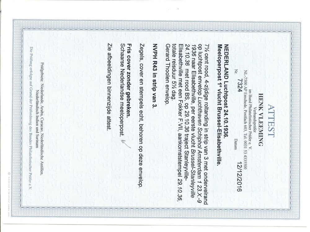 NETHERLANDS 1936-FFC BRUSSEL- BELG. CONGO + CERT,,,