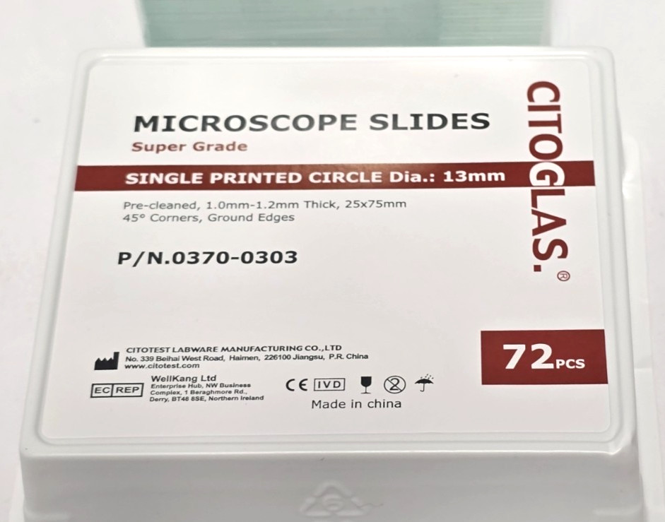 CITOGLASS MICROSCOPE SLIDES SUPER GRADE SINGLE PRINTED CIRCLE DIA 13MM, BOX72PCS