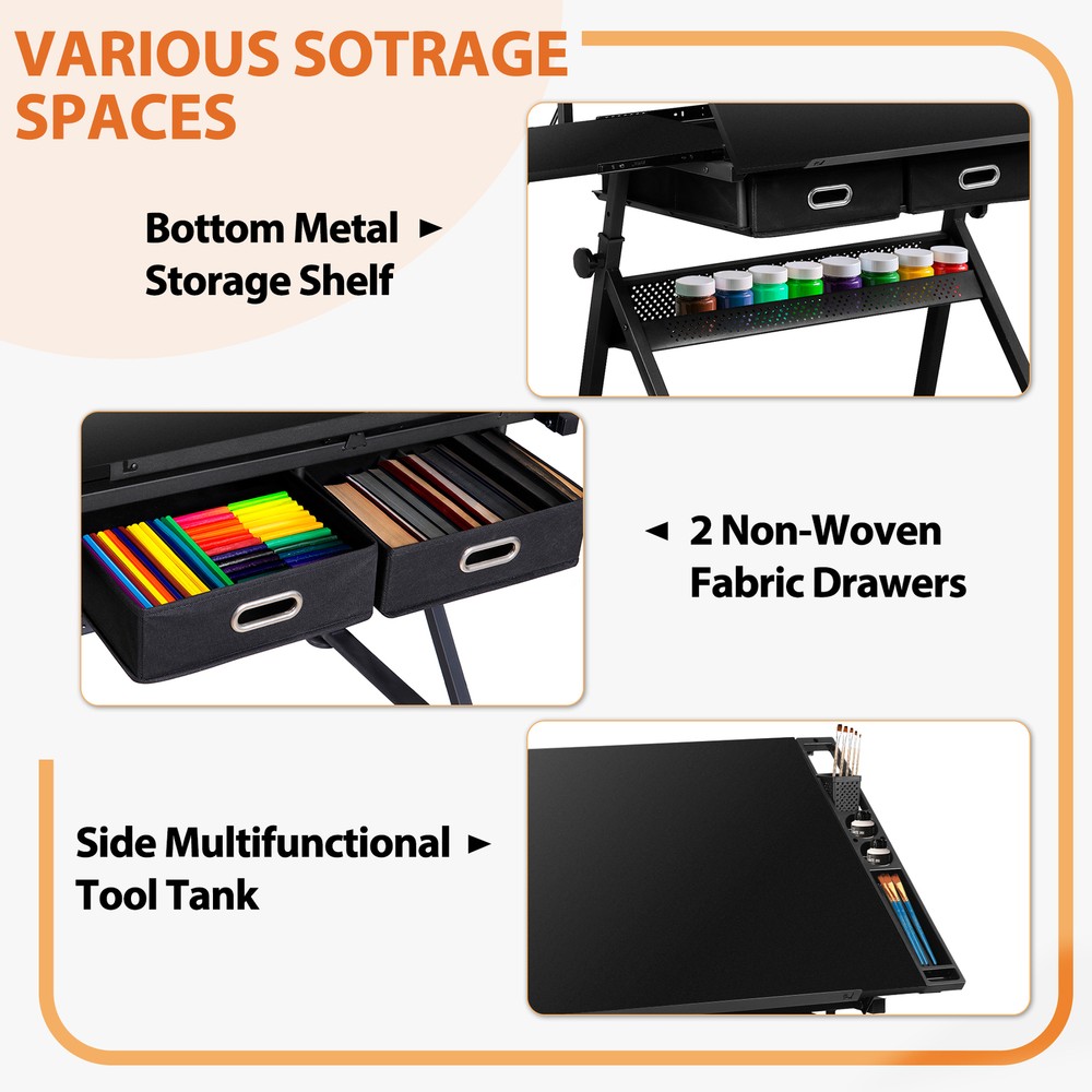Adjustable Drafting Table with Outlet Artist Drawing Table with Stool Black