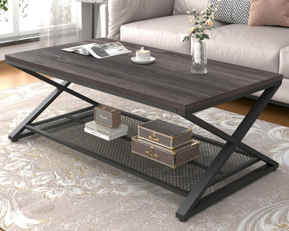 Grey Coffee Table, Wood Metal 2 Tier Center Table with Storage, Rectangular Low