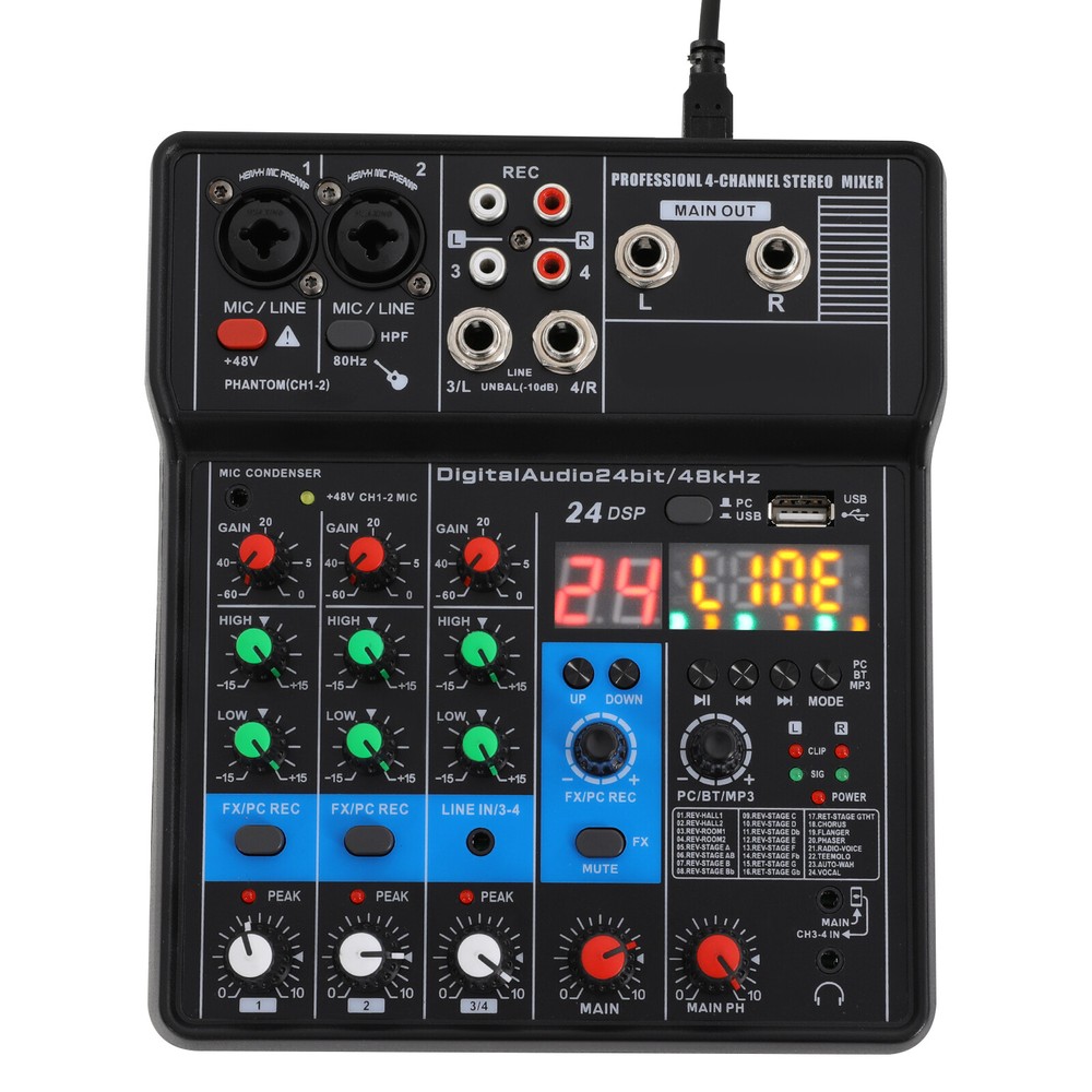 4-Channel Professional Audio Mixer with Bluetooth, USB & DSP Effects