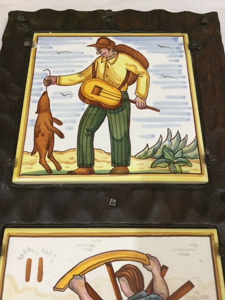 Vintage Spain Folk Art Tile Framed Hand Painted Rustic Frame