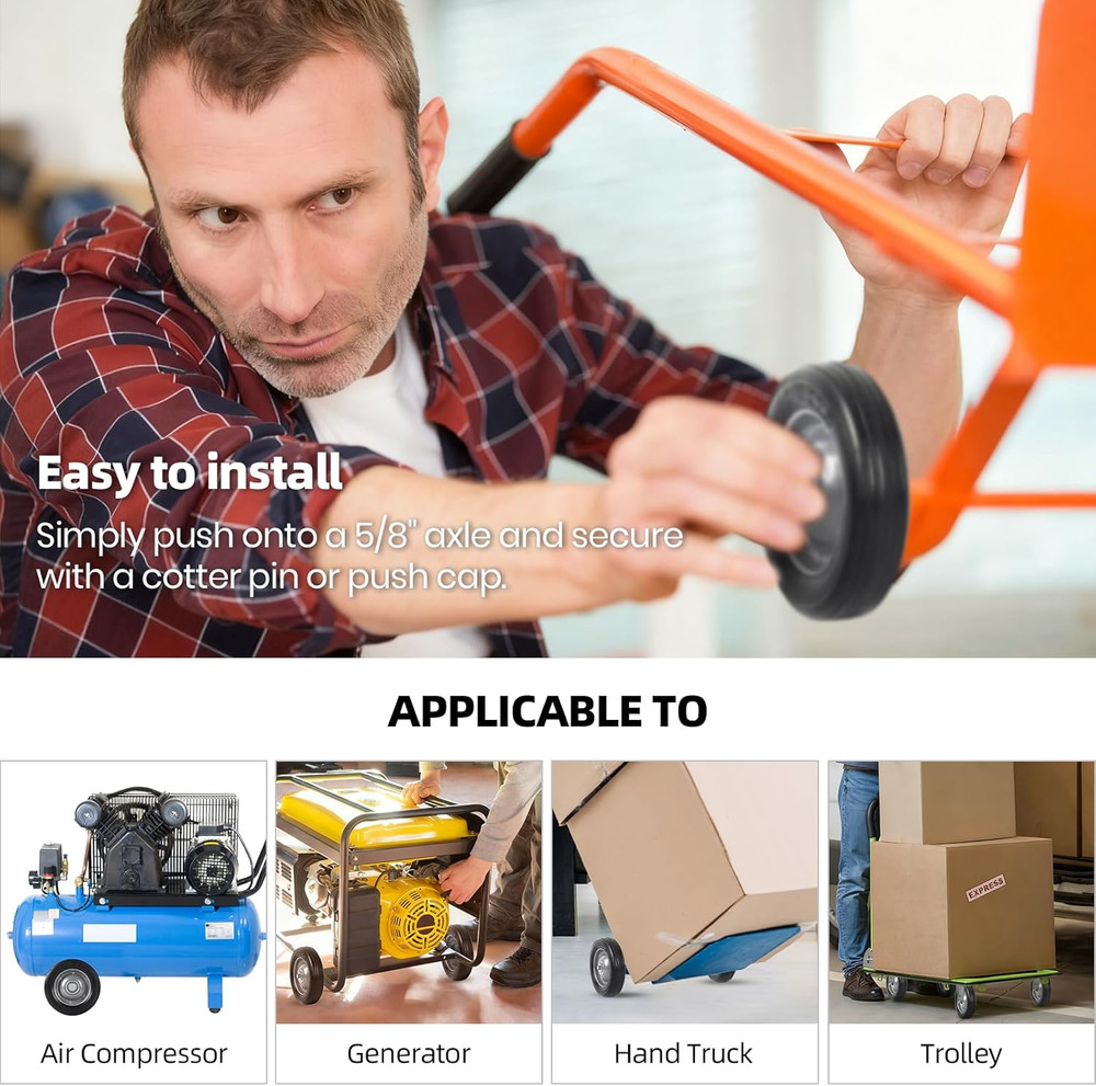 (2-Pack) 6” X 1.5” Flat Free Solid Rubber Wheel Assemblies - Replacement Hand T