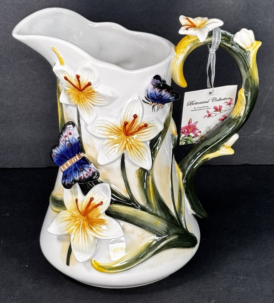 CornerRuby Botanical Collection Lily Butterfly Pitcher Hand Painted Floral