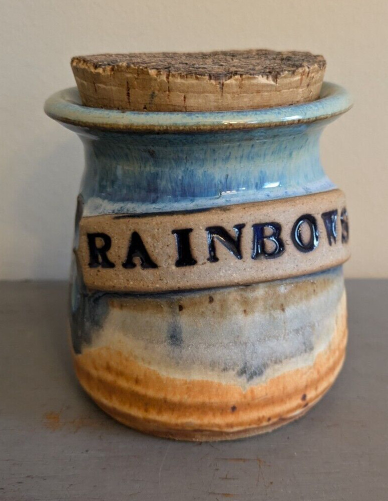 Dave Studio Art Pottery Word Jar RAINBOWS Crock Cork Top Drip Glaze