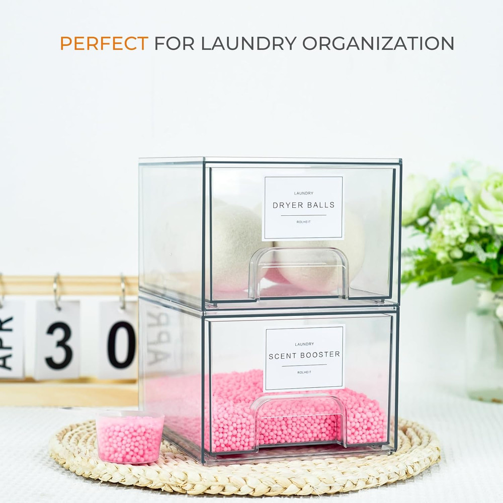 4 Pack Laundry Room Organization Storage Drawers with Labels, Clear Stackable Dr