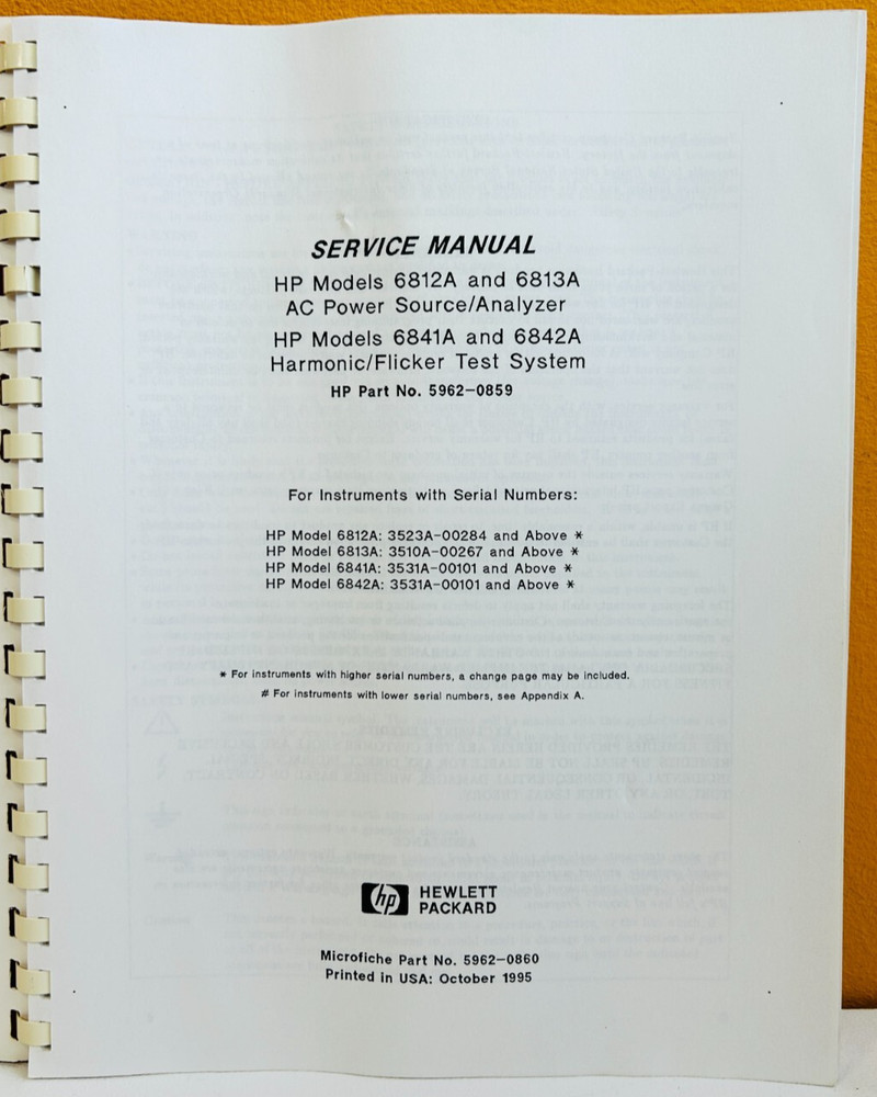 HP Agilent 5962-0859 1995 AC Power Source / Analyzer Service Manual.
