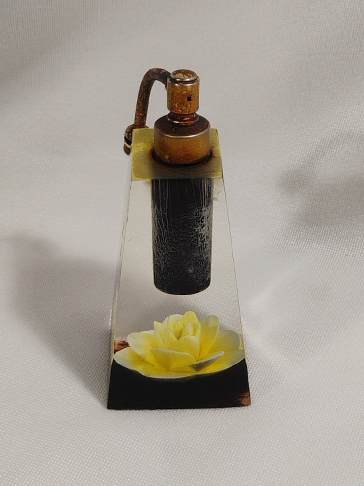 Jane Art Perfume Bottle Lucite w/Atomizer Empty Yellow Rose Inside Needs Pump