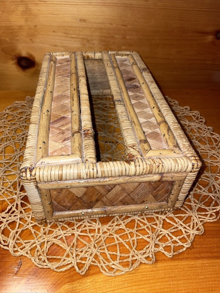 Vintage Tissue Box Cover Holder Bamboo Rattan Wicker Coastal Boho Rectangular