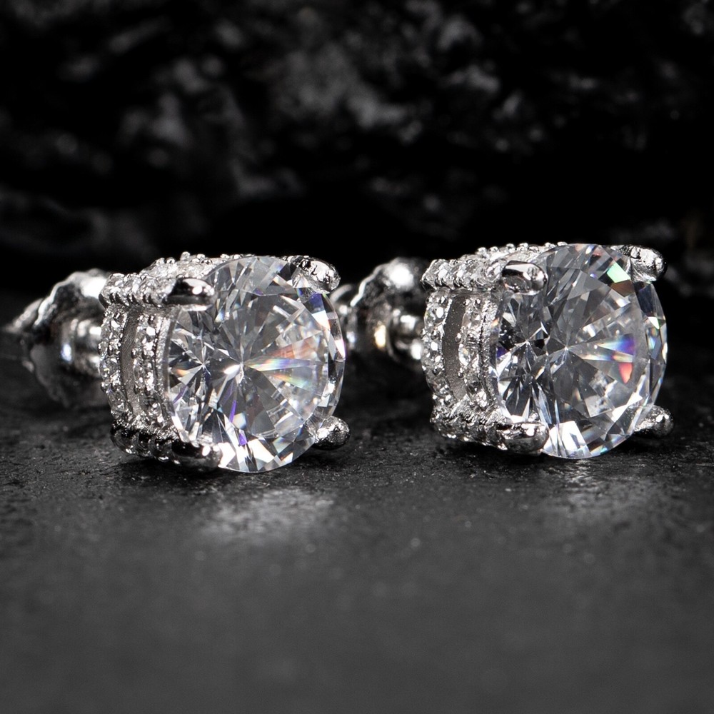 Fully Iced Round Solitaire 925 Sterling Silver Circle Stud Screw Back Earrings