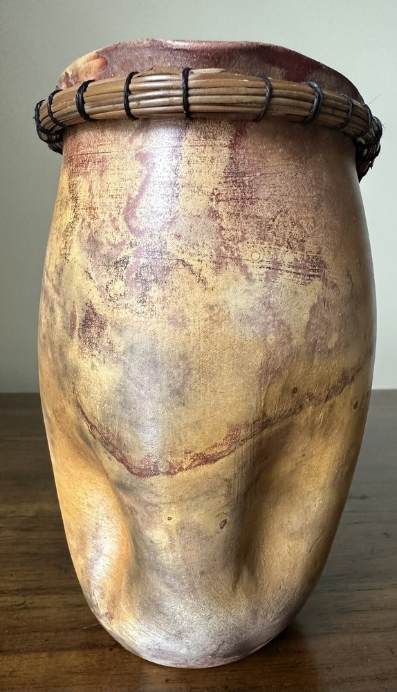 Pottery Vase Threaded Bamboo Rim, Primitive Pottery, Signed, Unique