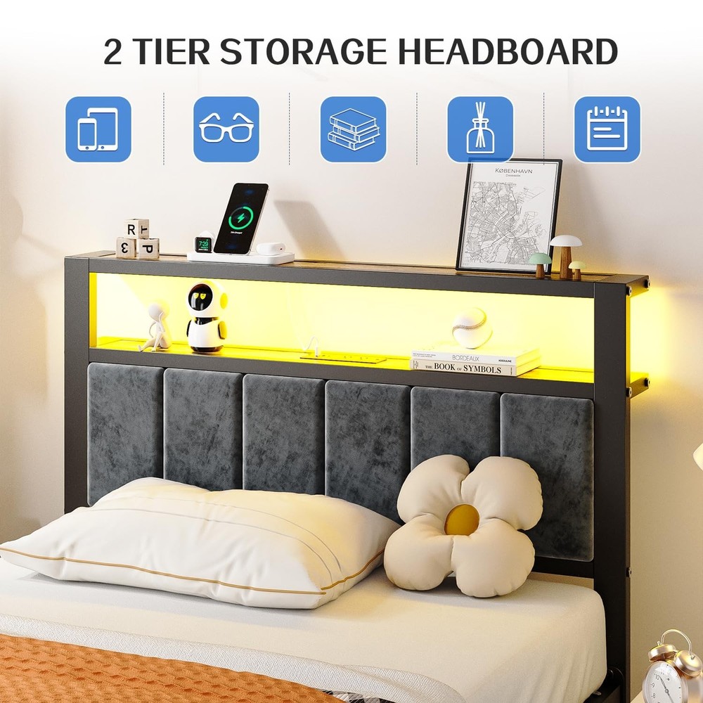 Liians Twin Size Platform Bed Frame with LED Lights, Grey Upholstered Headboa...