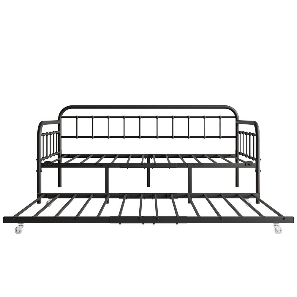 Twin Size Metal Daybed Bed Frame Sofa Bed w/ Pull Out Trundle Bed Black