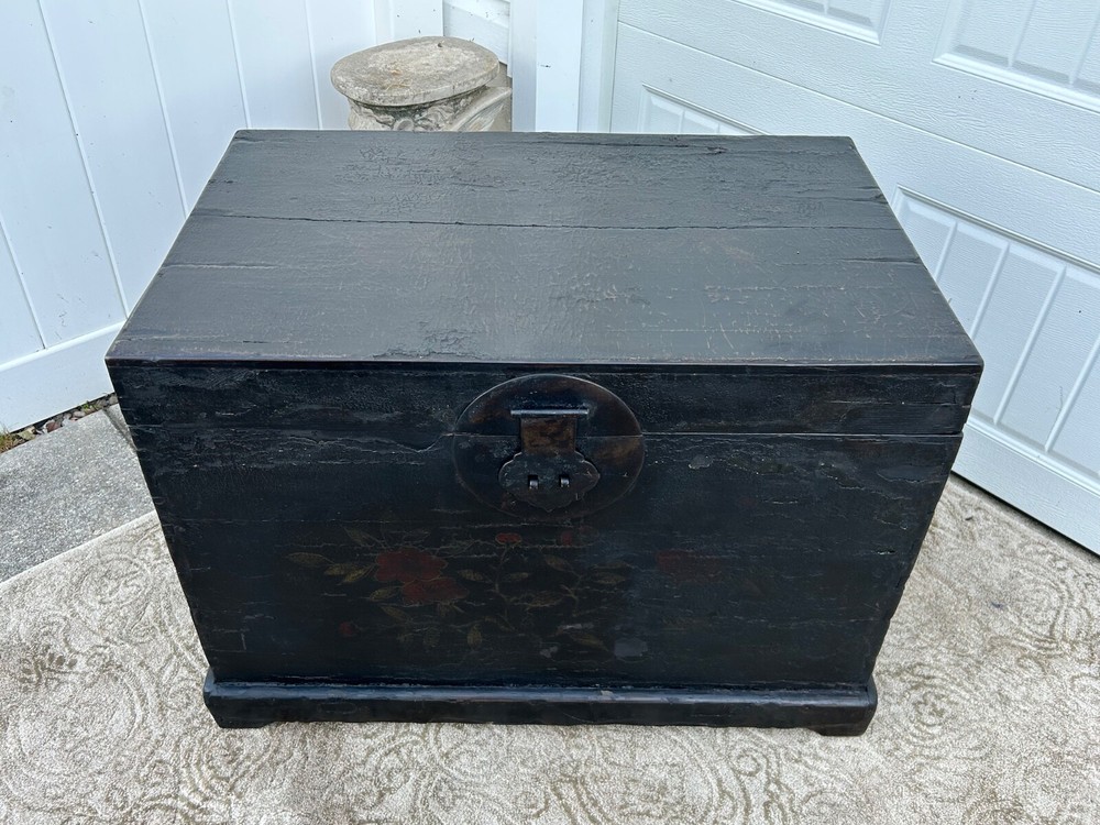 Antique Asian Distressed Black Dovetail Trunk