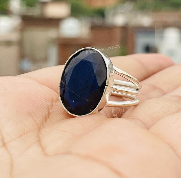 Solid 925 Sterling Silver Natural Blue Sapphire Oval Gemstone Band Handmade Ring