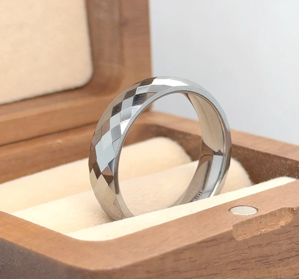 Faceted Pattern Stepped Edges Ring Silver Tungsten Elegant Band Fiancé Ring