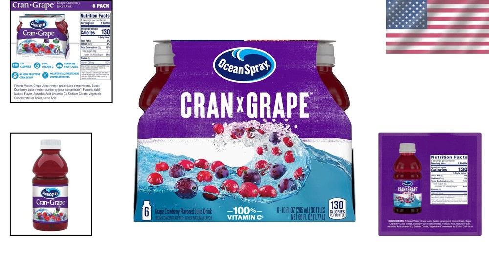 6-Pack Cran-Grape Juice Drinks, 10 Fl Oz Bottles - Refreshing Vitamin C Boost