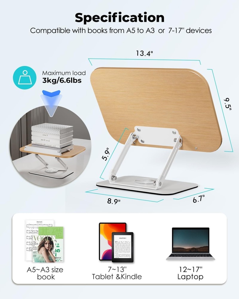 Book Stand Reading,Book Holder Height&Angle Adjustable 360° Rotating Base