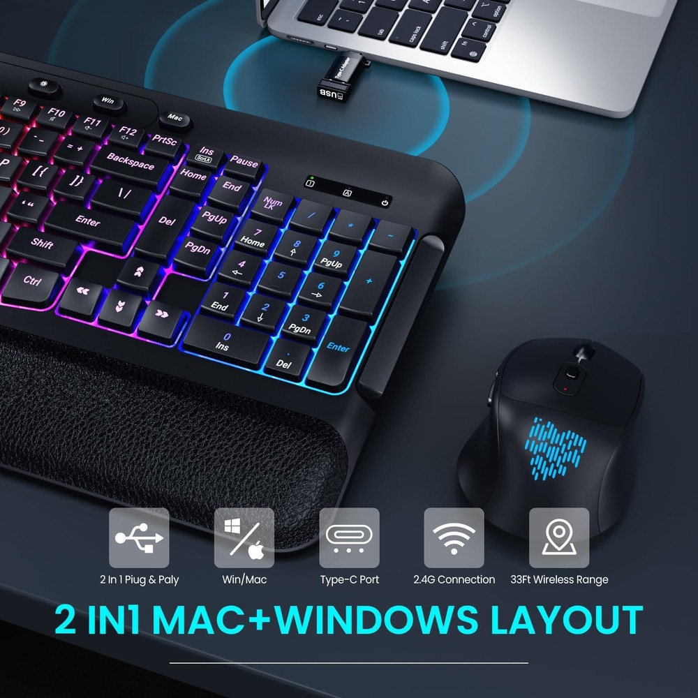 COLIKES Wireless Keyboard and Mouse Combo, Ergonomic Wave, 9 RGB Backlit Effe...