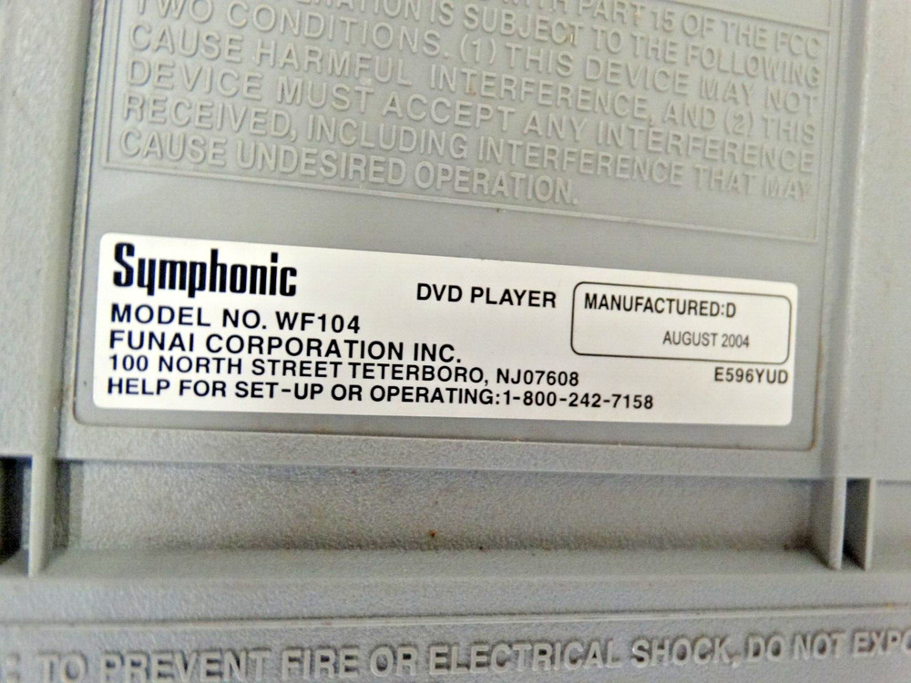 Symphonic Model WF104 DVD Player, Tested Works Good