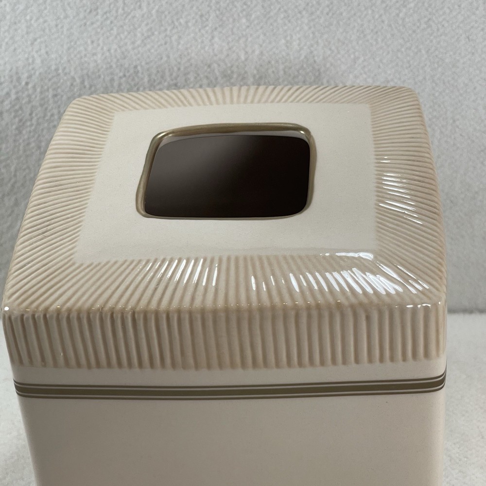 Decorative Ceramic Tissue Box Cover Tan Beige & Gold Pattern