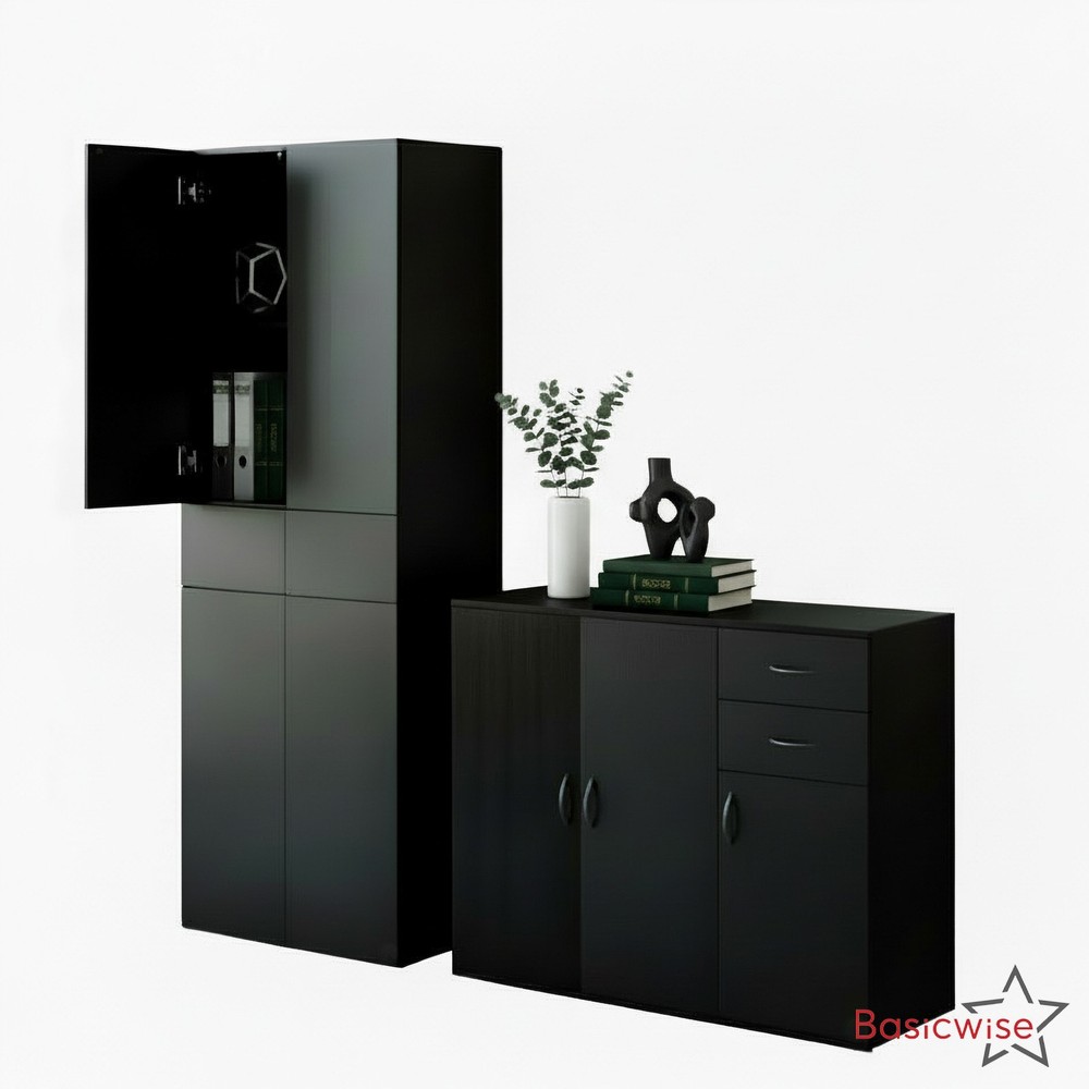Basicwise Set of Buffet Table with Drawers Plus Cabinet with Compartments