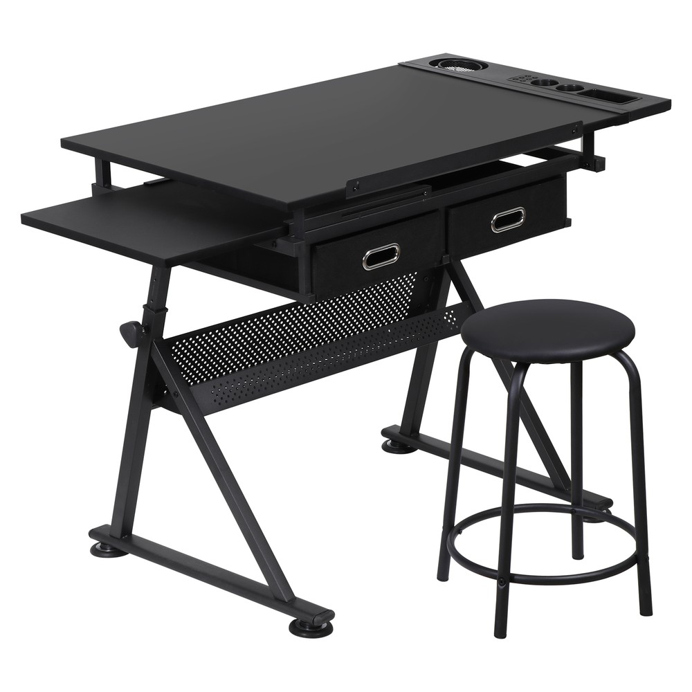 Adjustable Drafting Table Tilting Tabletop Art Craft Desk with 2 Drawers, Stool