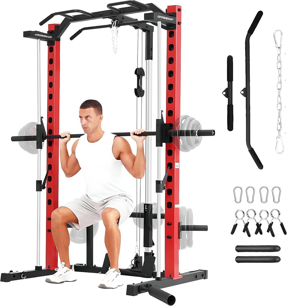 Smith Machine Squat Rack All-in-One Power Rack Cage with LAT-Pull Down System US