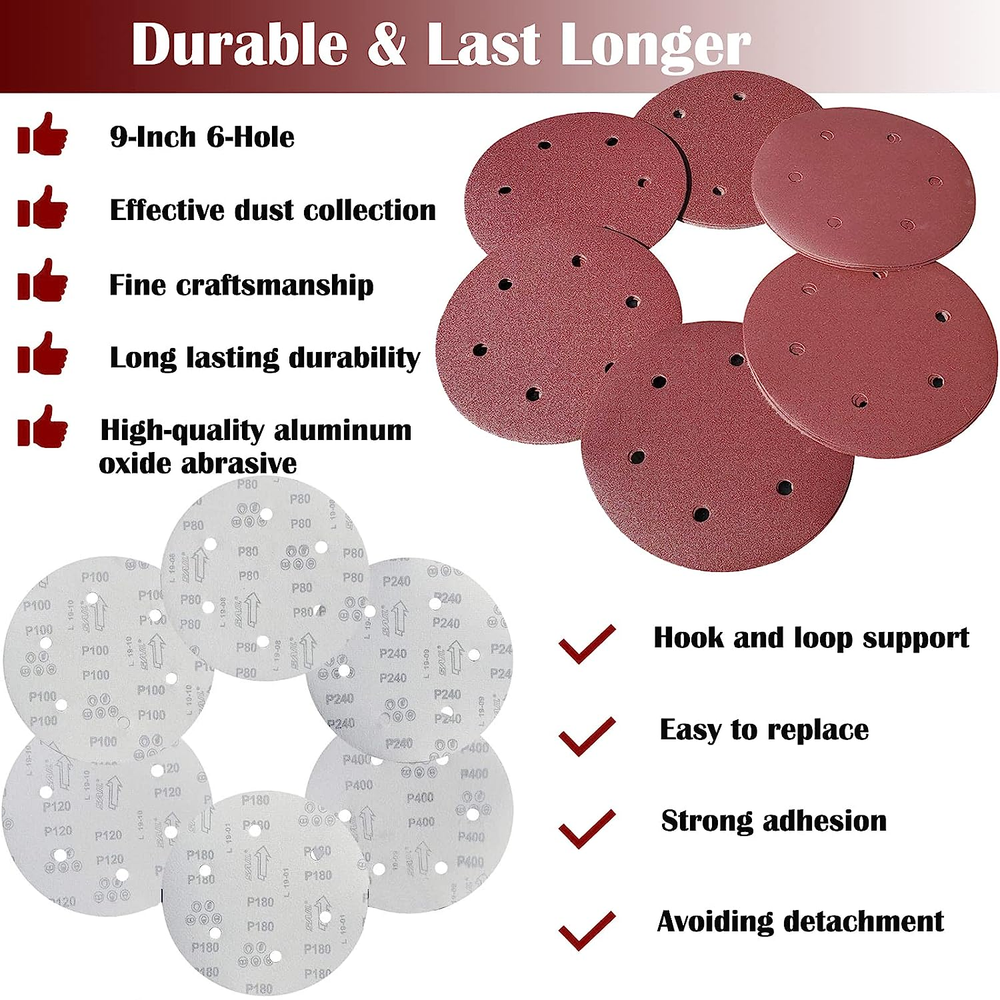 50 PCS 9 Inch 6 Hole Hook-And-Loop Sanding Discs