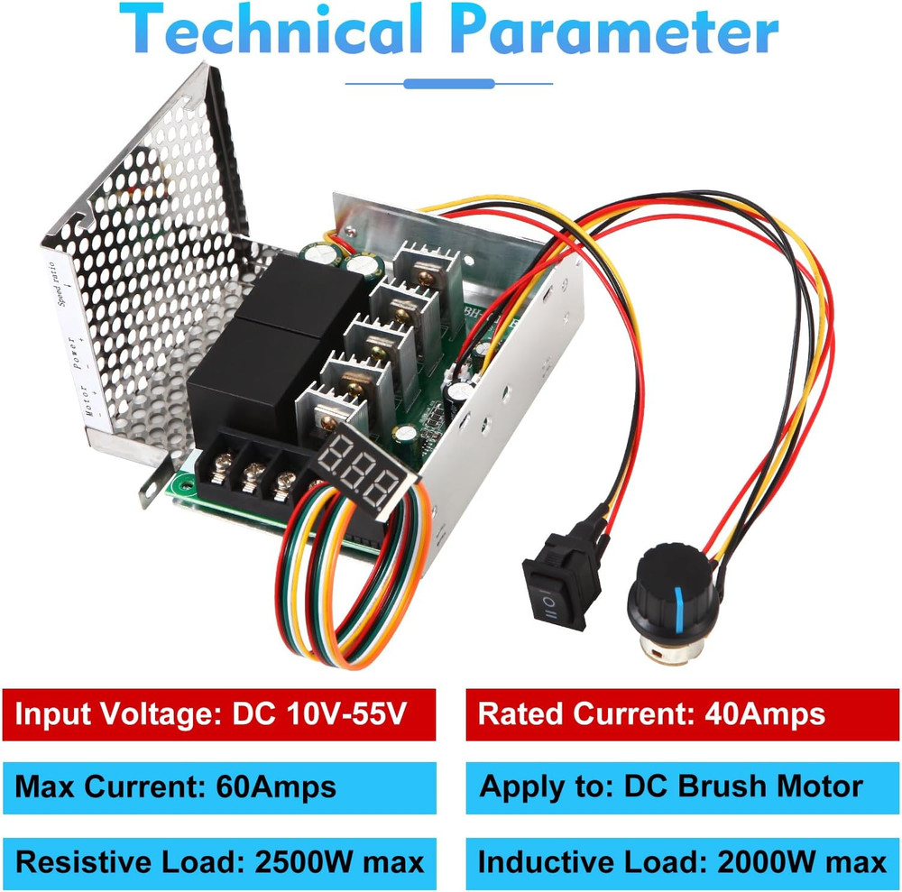 PWM DC Motor Speed Controller, DC 10-55V / Rated 40A / Max 60A, LED Display Step