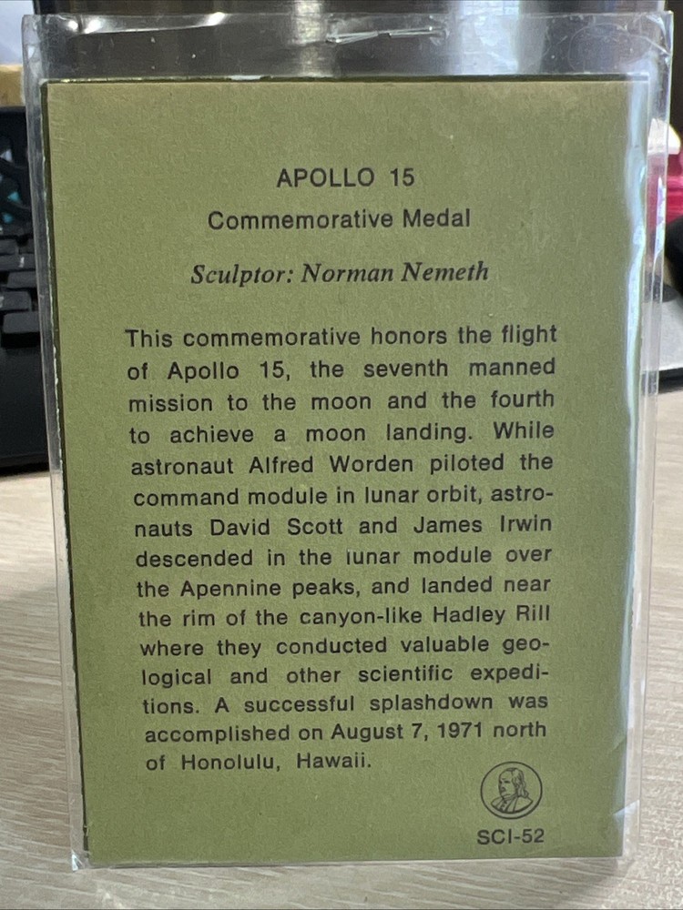 Franklin Mint Apollo 15 Commemorative Coin/solid Franklin bronze Proof SCI-52