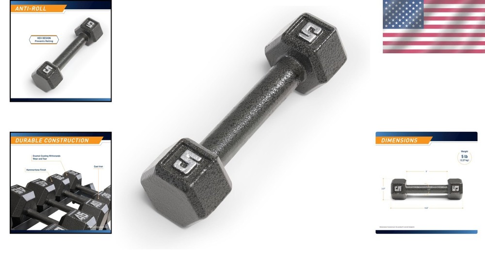 5 lb Cast Iron Hex Dumbbell with Knurled Handle for Ultimate Grip & Control