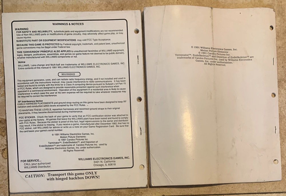 ORIGINAL Williams Terminator 2 T2 Pinball Operations manual & Schematics COMBO