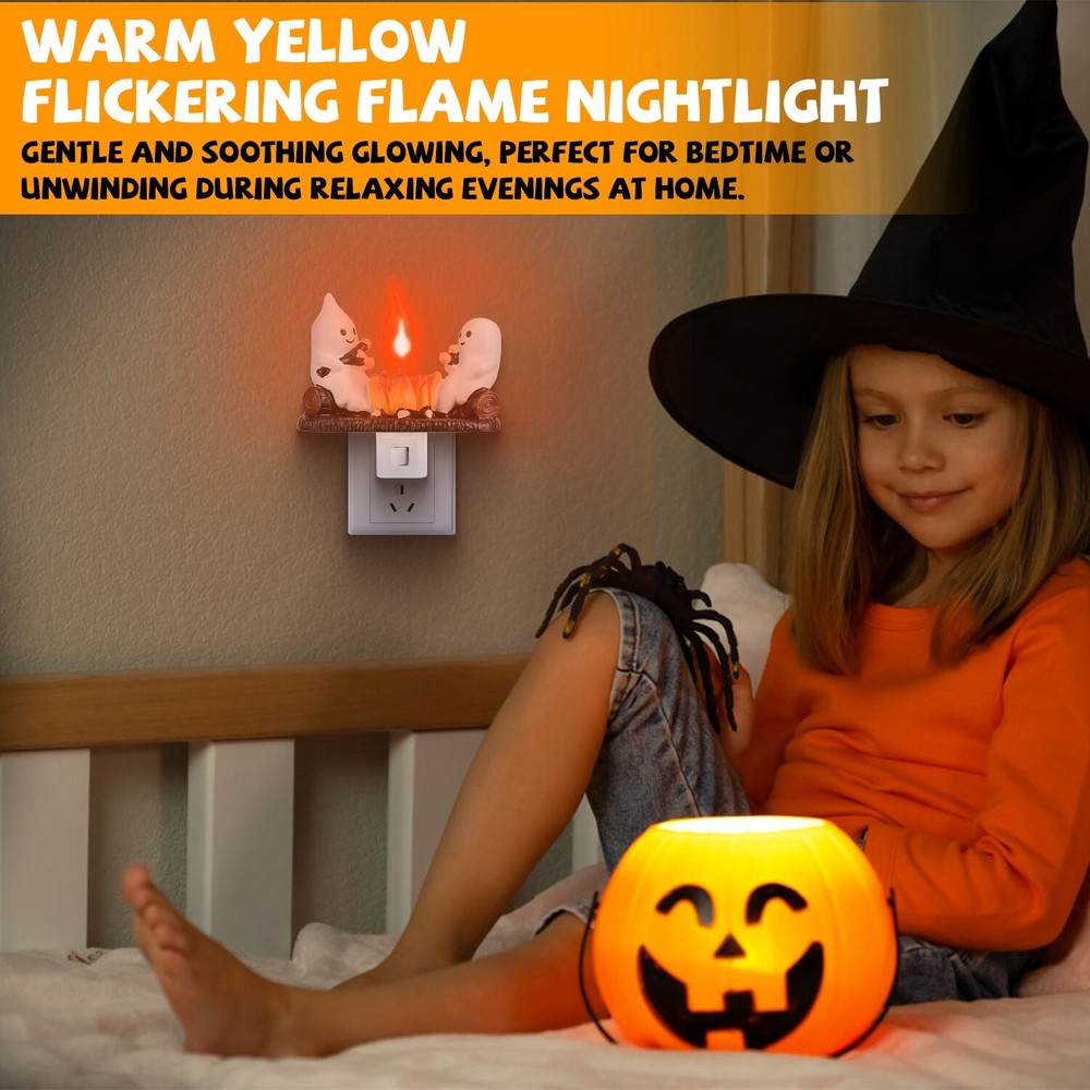 2Pcs Ghost Campfire Flickering Flame Night Light Set for Halloween Bedroom