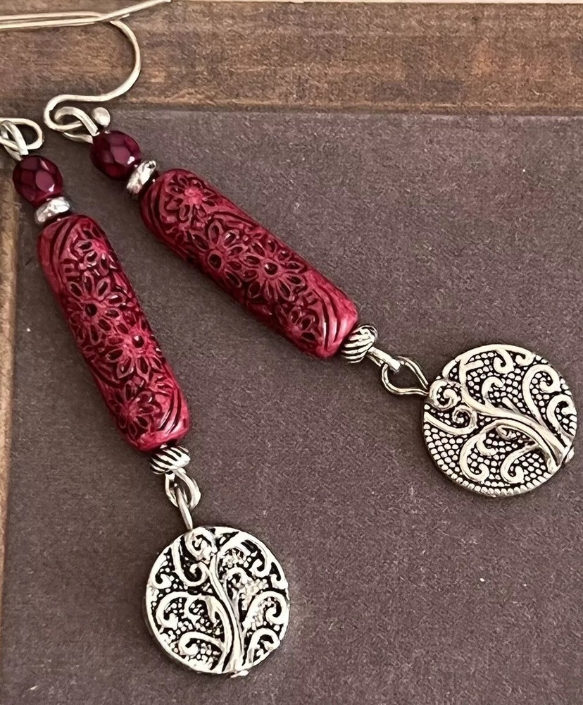 Etched Silver and Vintage Red Dangle Earrings.