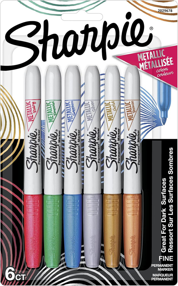 Sharpie Metallics Permanent Markers, Fine Tip, Assorted Colors, 6 Pack